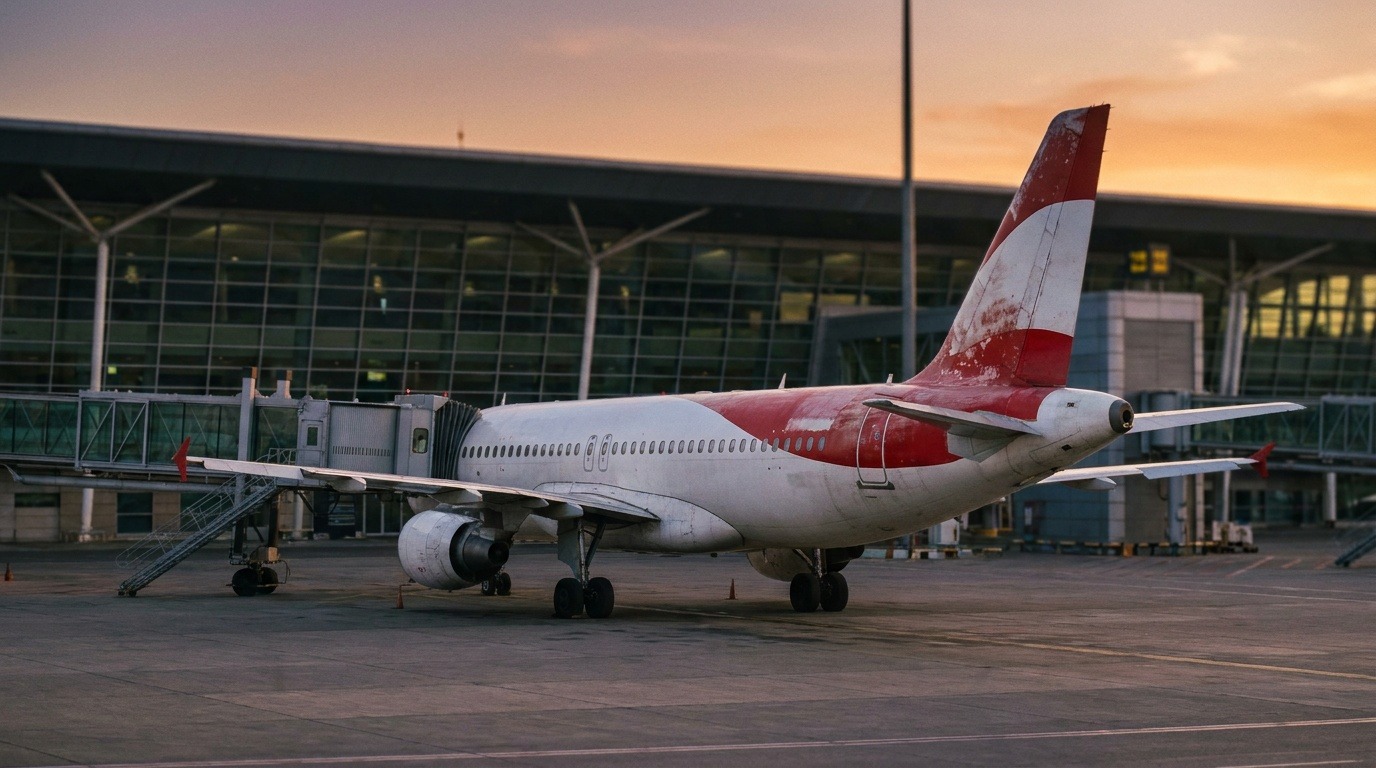 Avion sur le tarmac de l'aéroport d'Alger au coucher du soleil