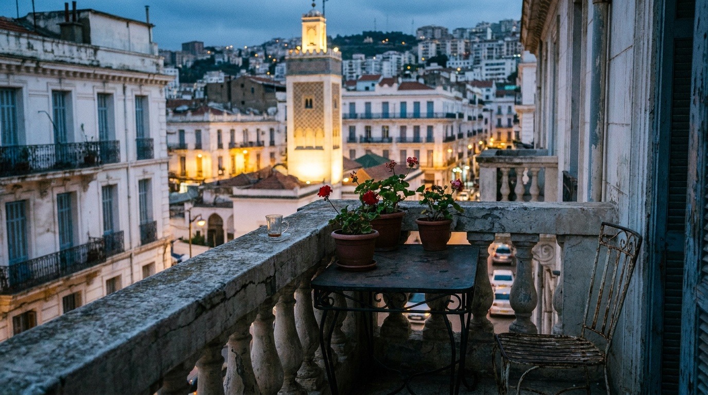 Balcon d'appartement au crépuscule à Alger