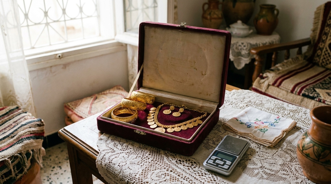 Bijoux en or algériens dans un écrin en velours à côté d'une petite balance