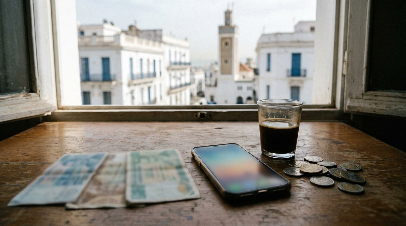 Billets en dinars et en euros à côté d'un smartphone