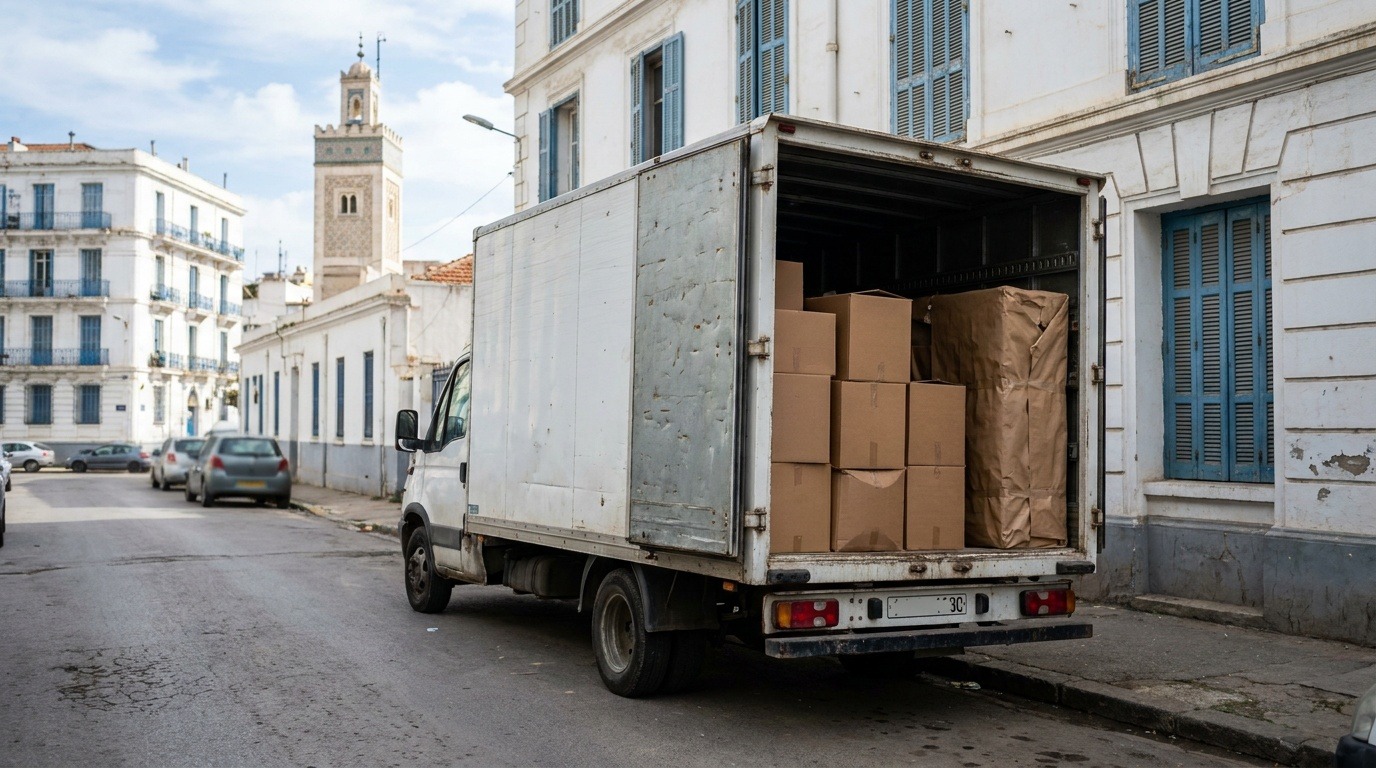 Camion de déménagement chargé de cartons