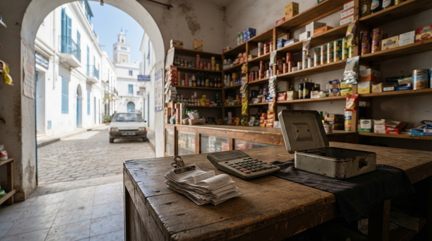 Comptoir de boutique avec reçus et calculatrice