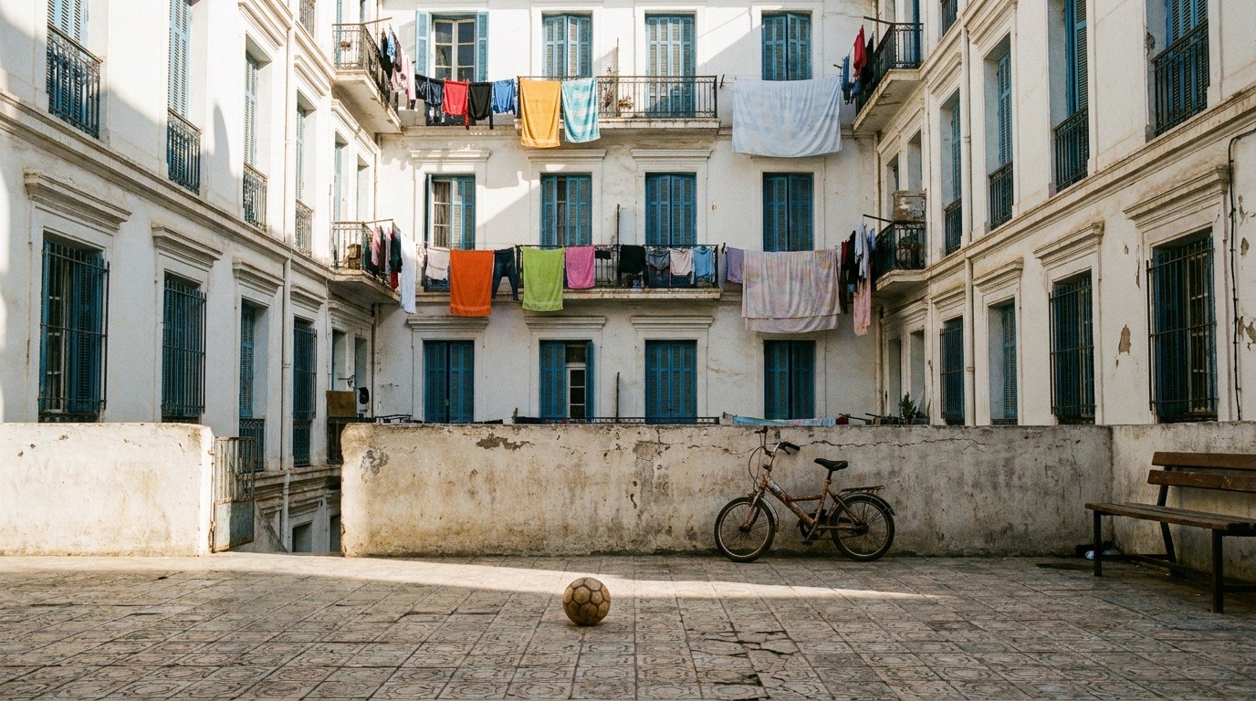 Cour d'immeuble avec ballon et vélo en Algérie