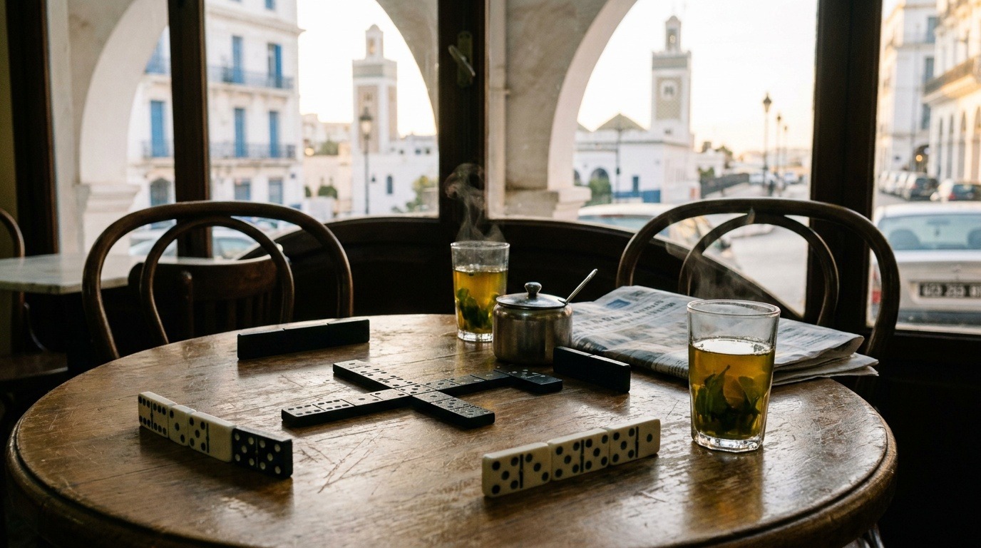 Dominos et thé à la menthe sur une table de café en Algérie