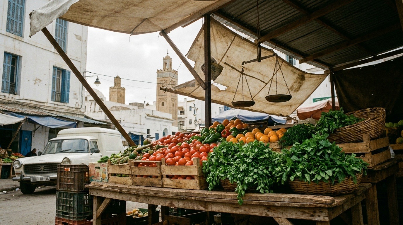 Étal de fruits et légumes sur un marché algérien