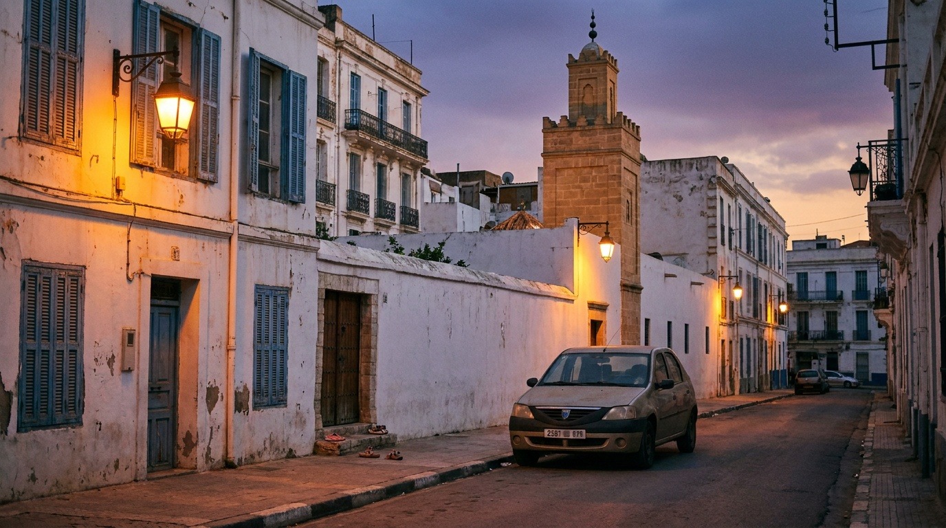Mosquée de quartier au crépuscule en Algérie