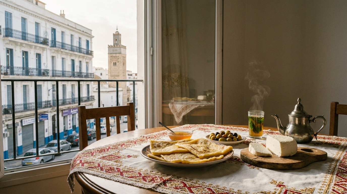 Petit-déjeuner algérien avec msemen, miel et thé