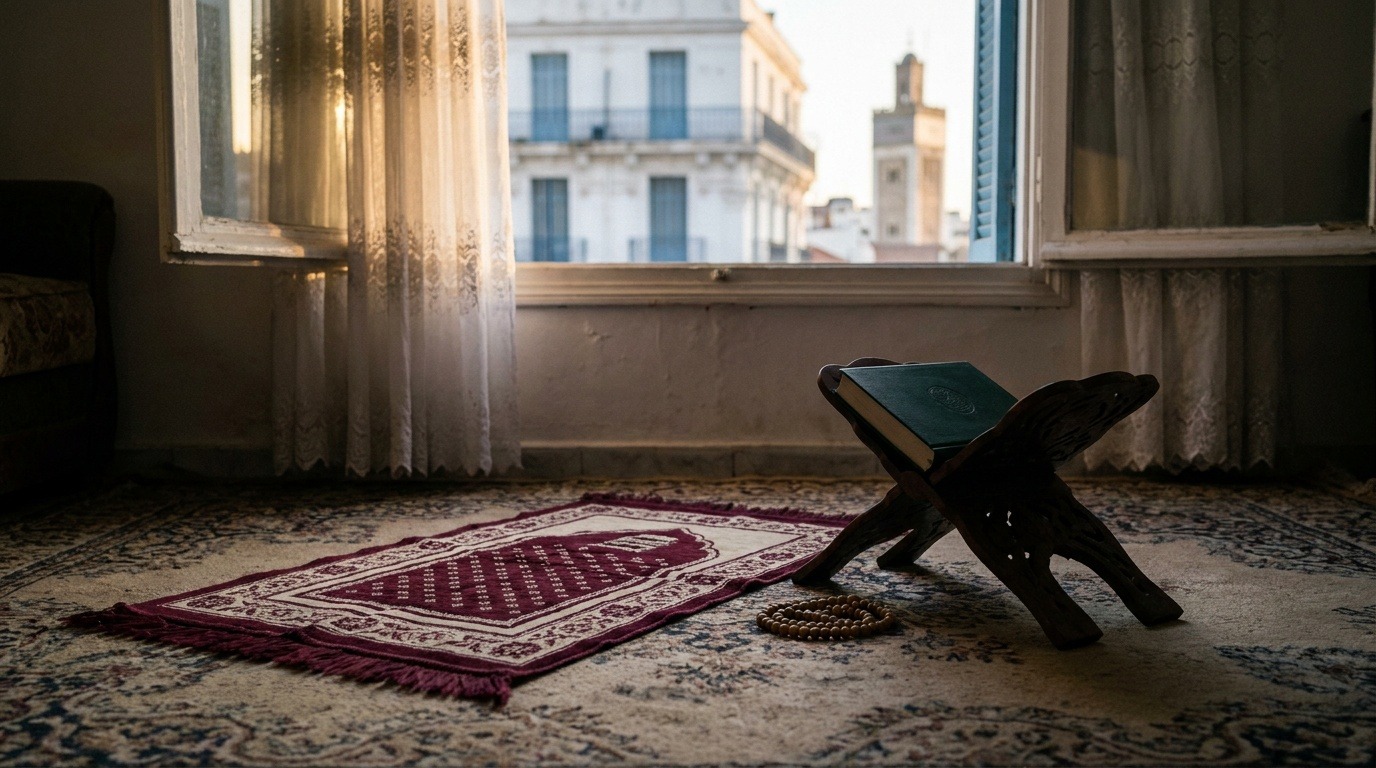 Petit tapis de prière et pupitre à Coran dans un salon