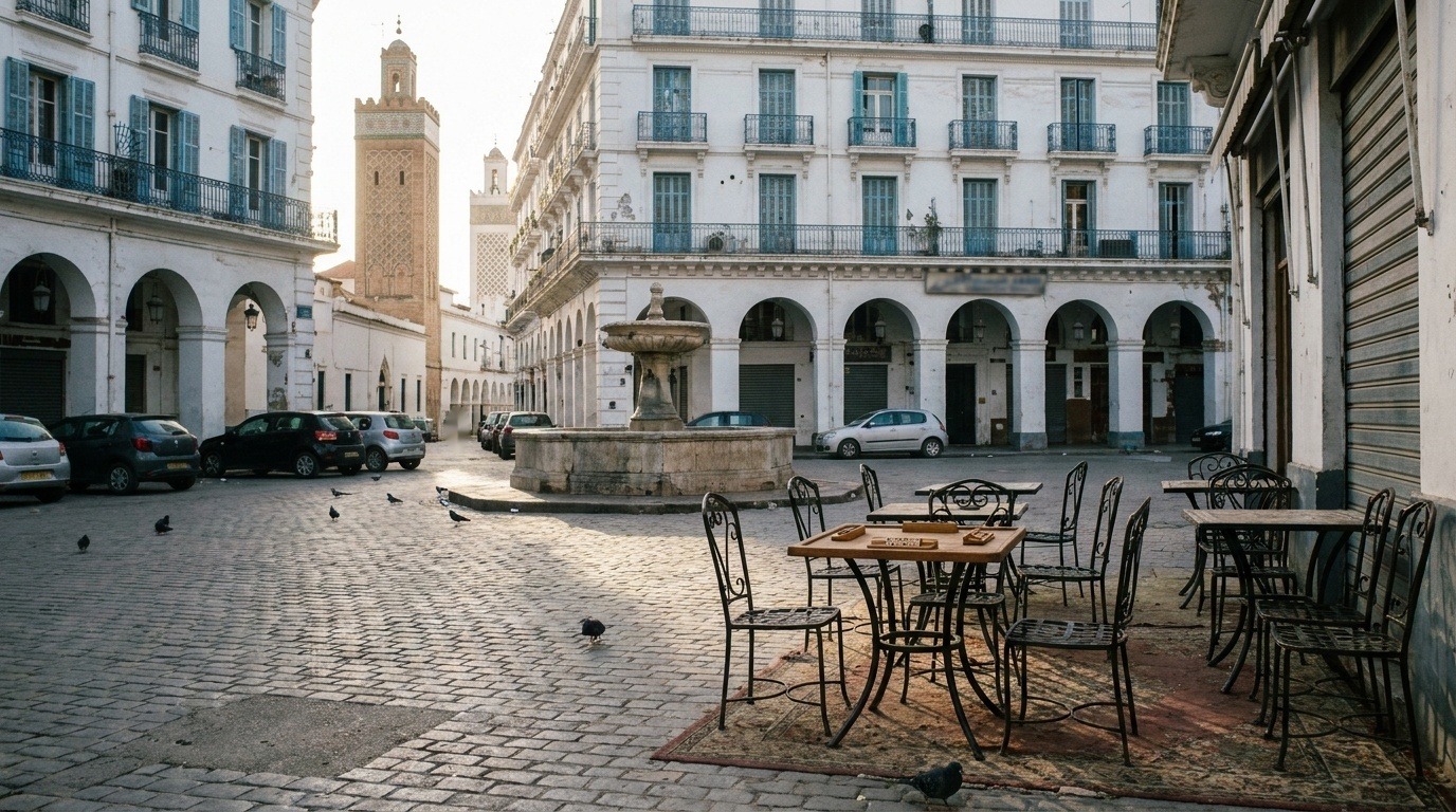 Place d'une ville algérienne avec terrasses de café