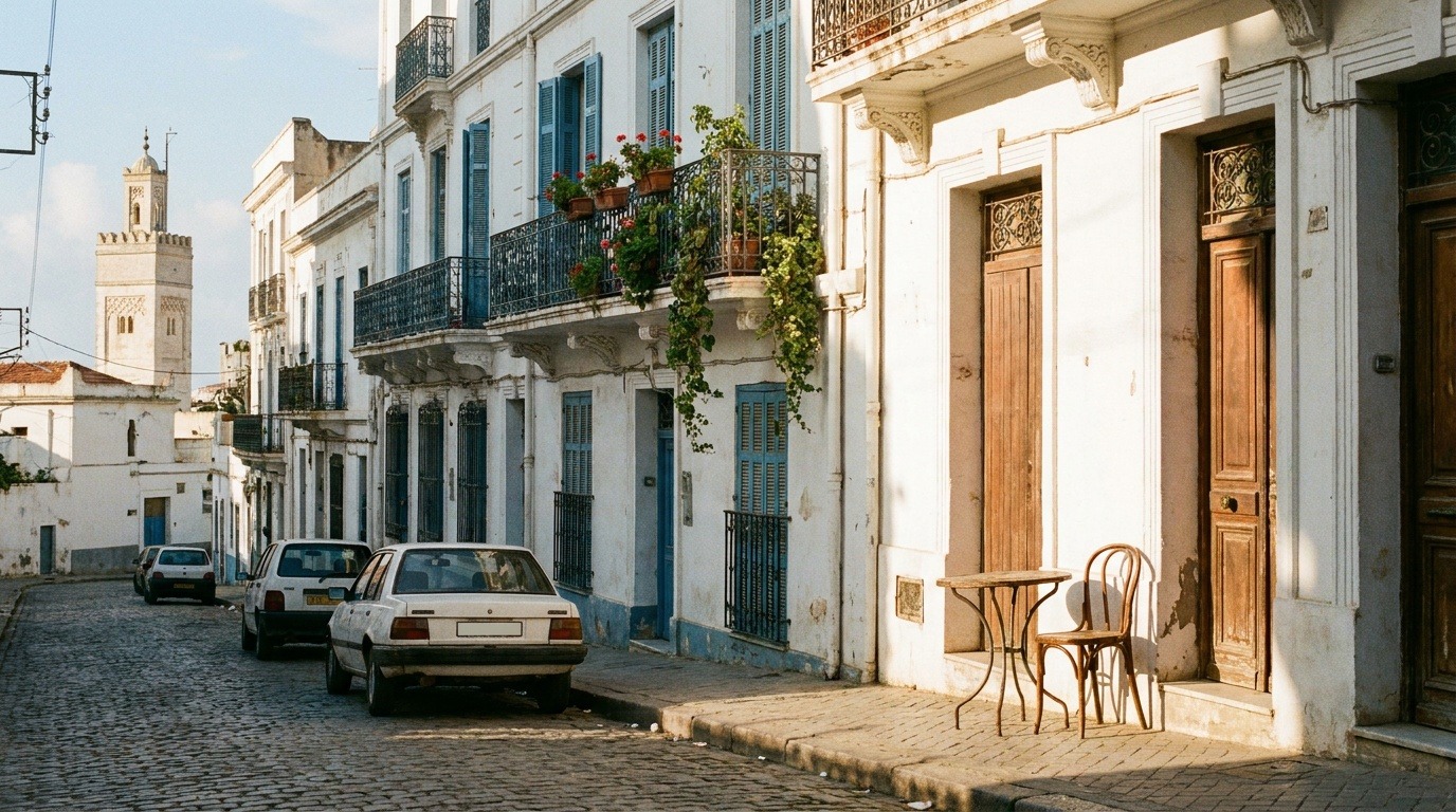 Rue ensoleillée d'Alger avec ses volets bleus
