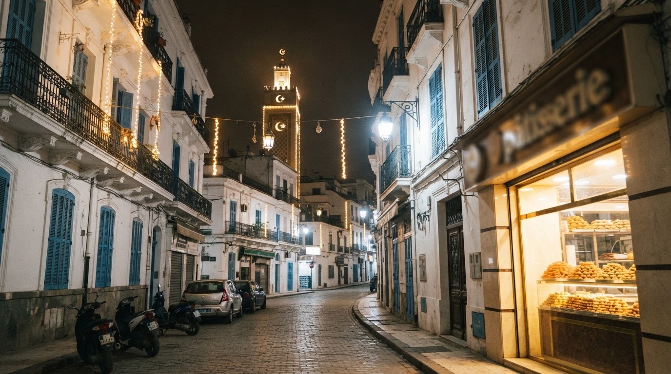 Rue illuminée un soir de fête en Algérie