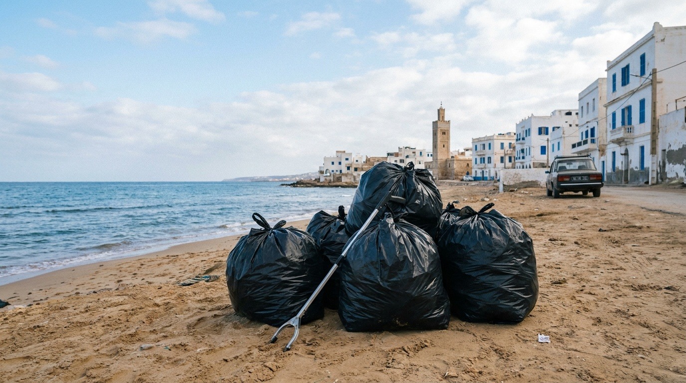 Sacs de collecte sur une plage algérienne