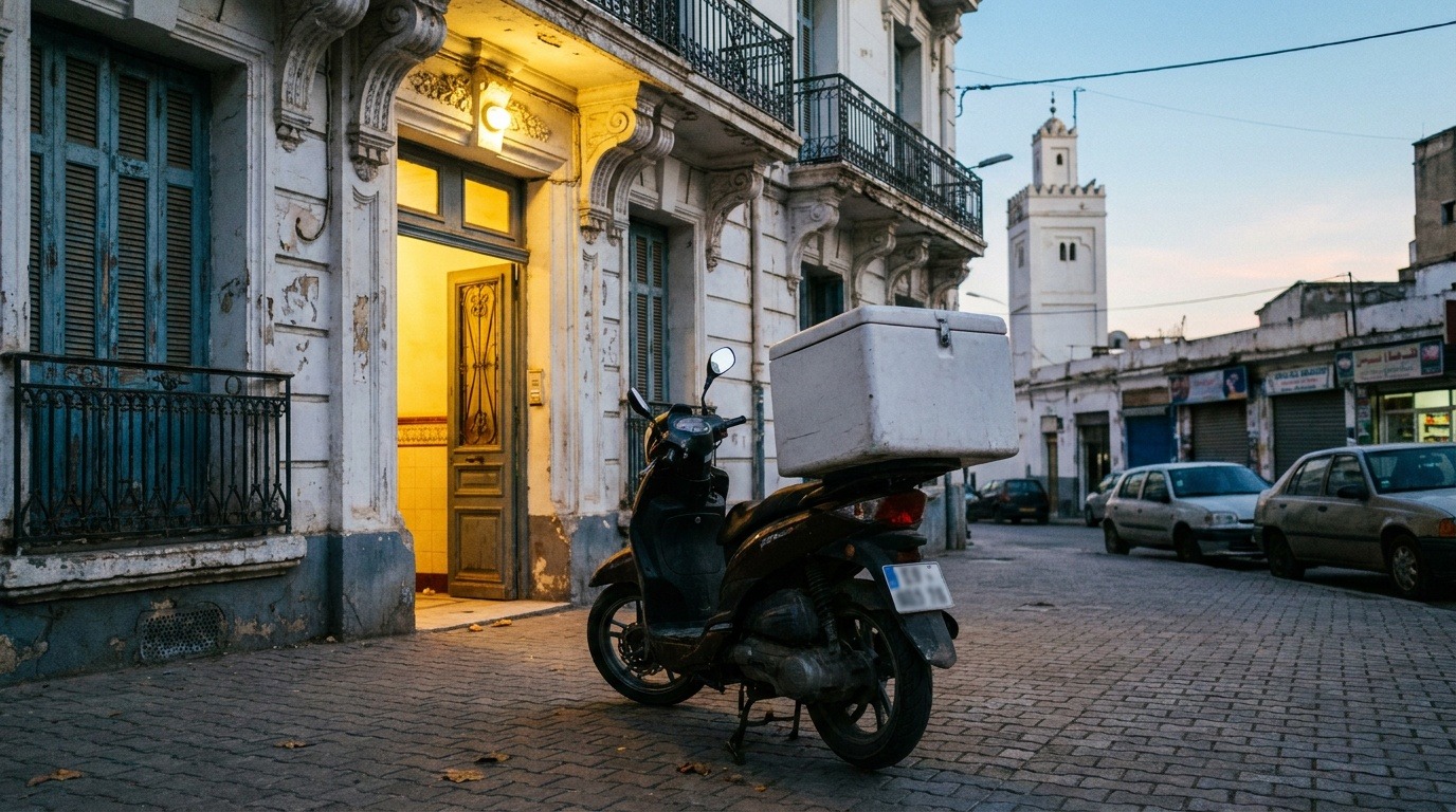 Scooter de livraison devant un immeuble en Algérie