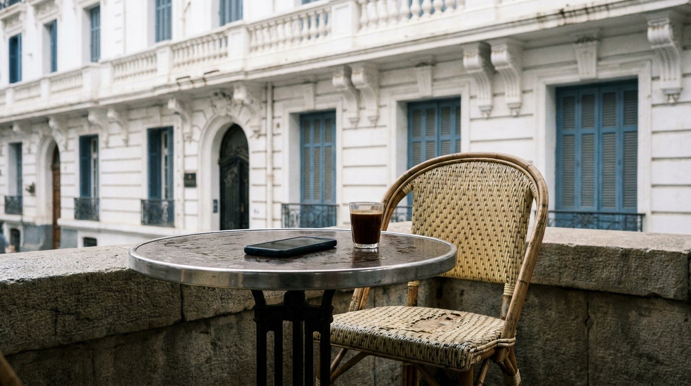 Smartphone et café sur une terrasse d'Alger
