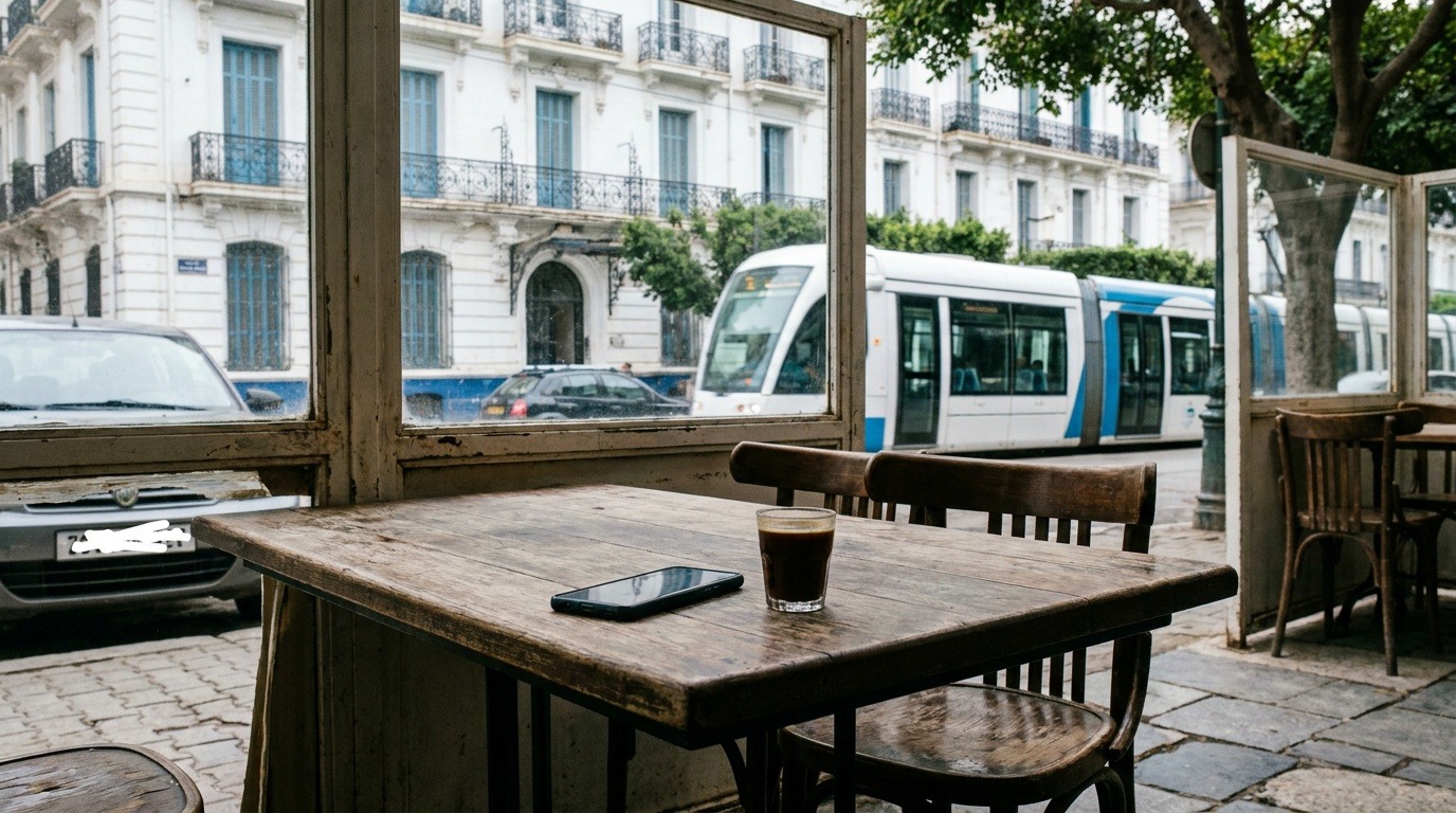 Smartphone posé sur une table de café à Alger