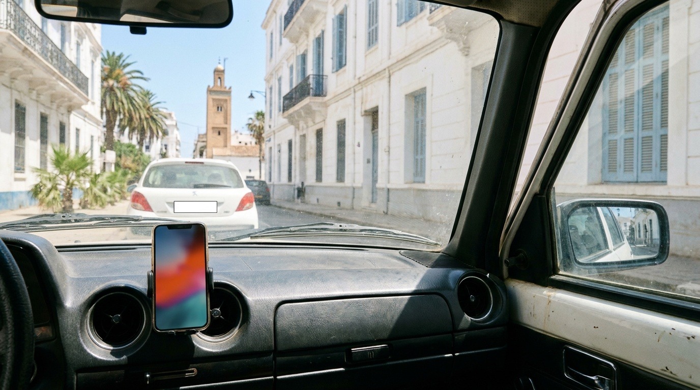 Smartphone sur support voiture avec GPS dans une rue d'Alger