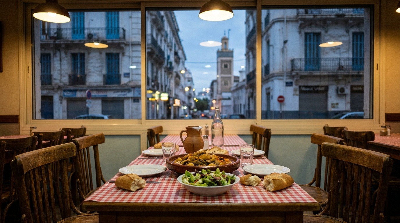 Table de restaurant algérien avec plats à partager