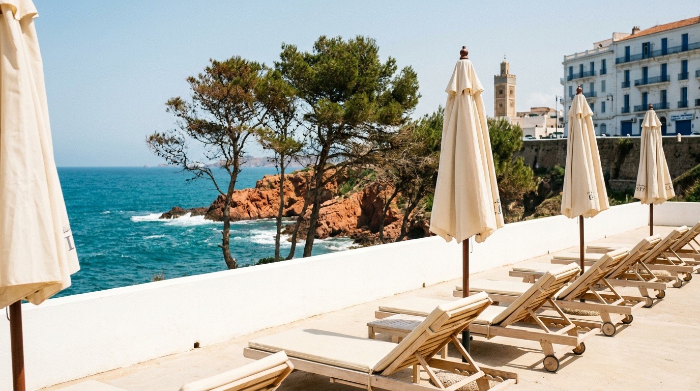 Terrasse d'hôtel face à la mer sur la côte de Jijel