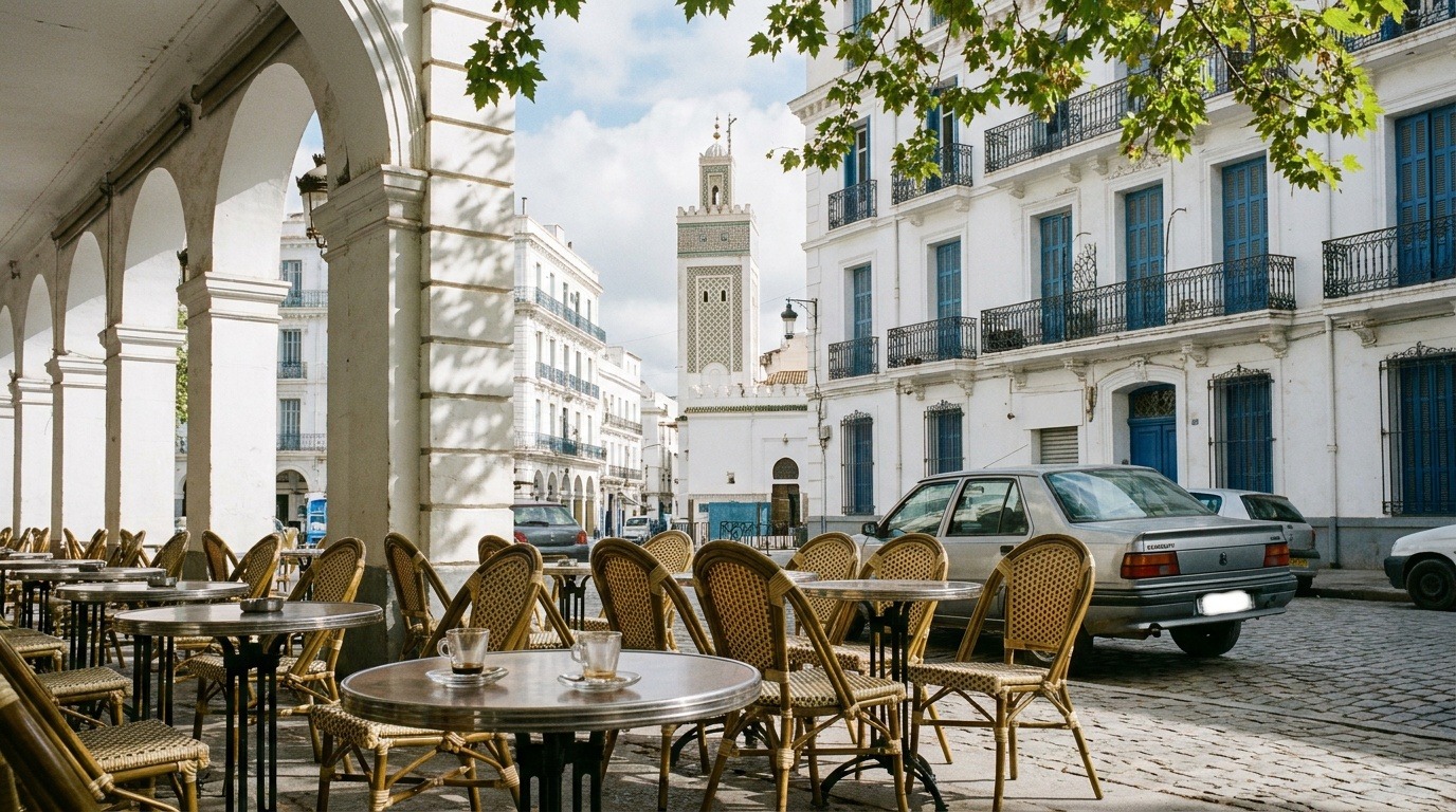 Terrasse de café sous les arcades à Alger