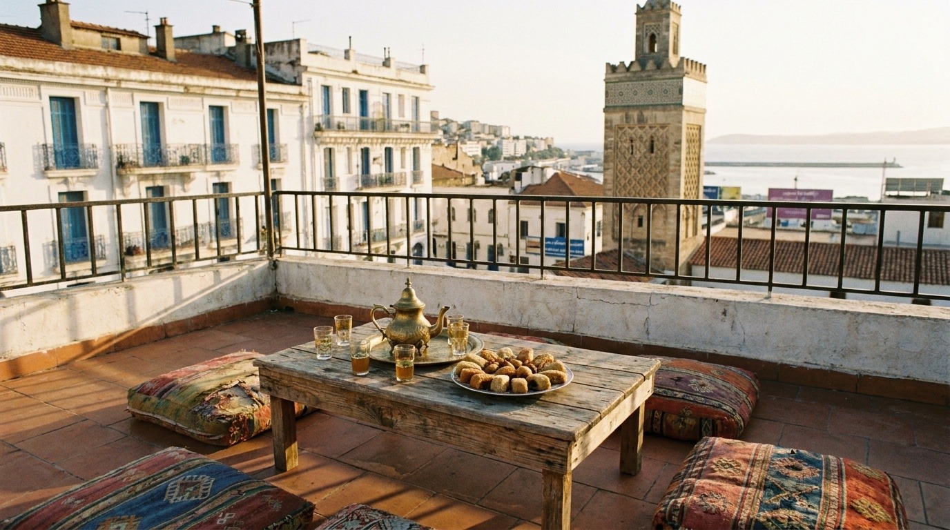 Terrasse sur les toits d'Alger avec thé et pâtisseries