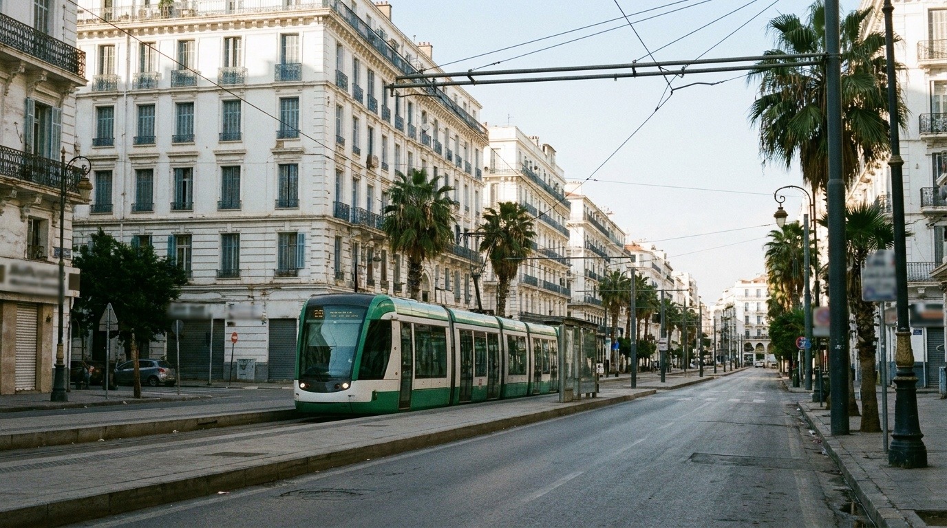 Tramway d'Alger sur une avenue bordée de palmiers