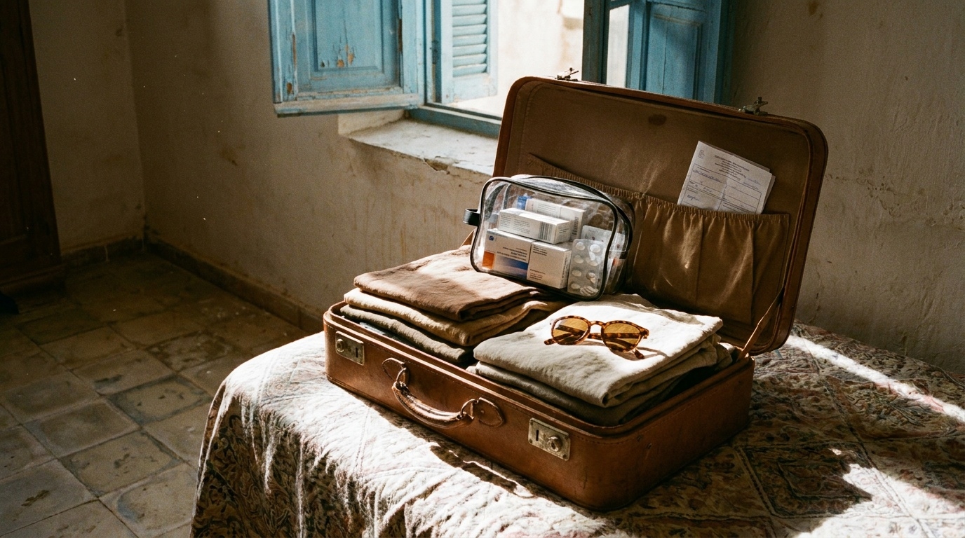 Trousse transparente de médicaments et ordonnance dans une valise ouverte