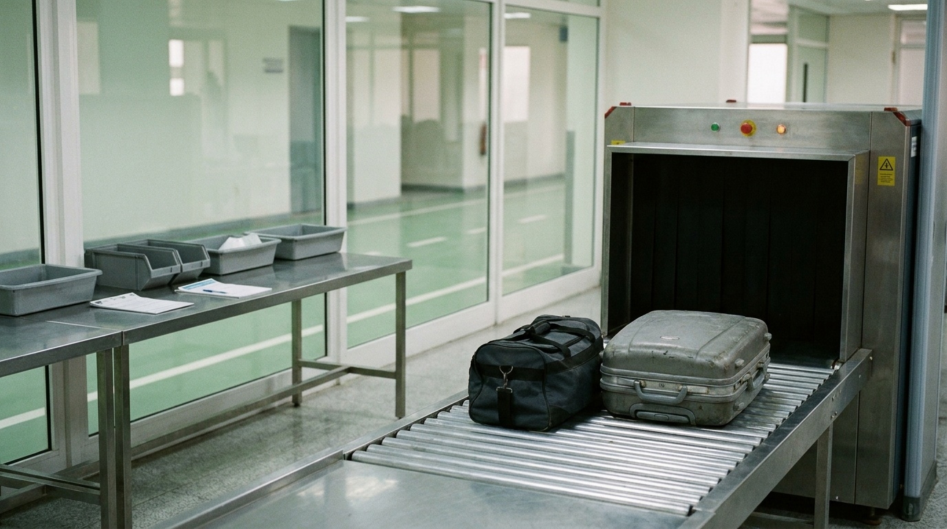Valise et sac de voyage à la sortie du scanner à bagages de la douane dans un aéroport algérien