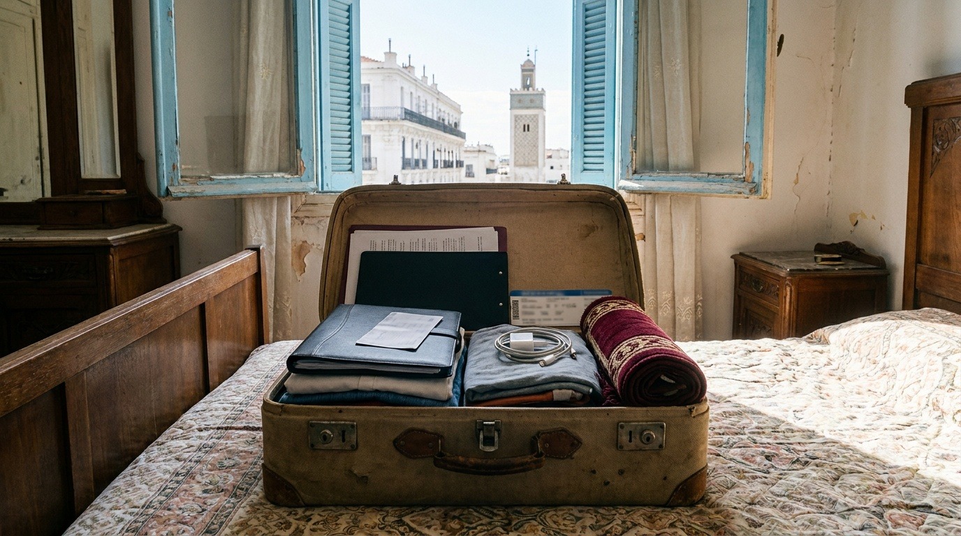 Valise ouverte avec documents et tapis de prière