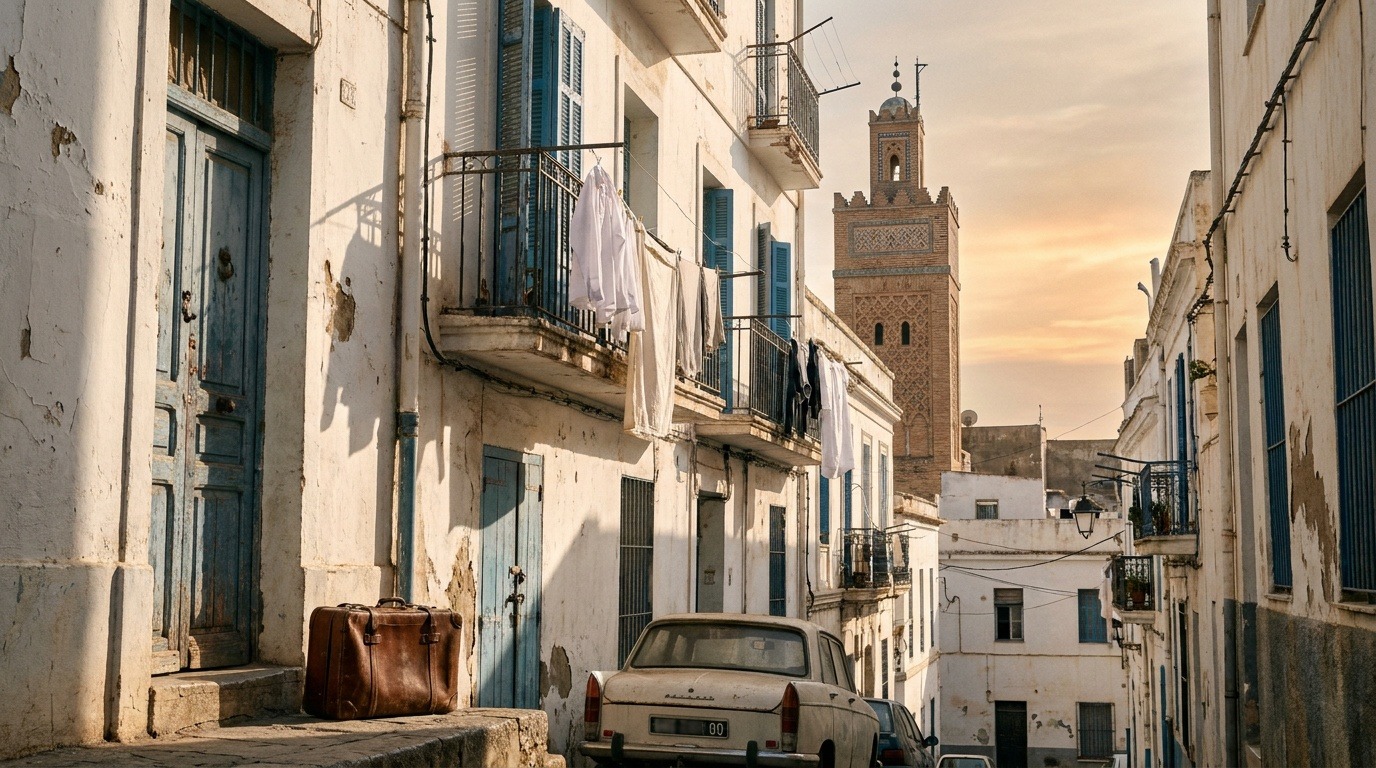 Vieille rue d'Alger avec volets bleus et linge aux fenêtres