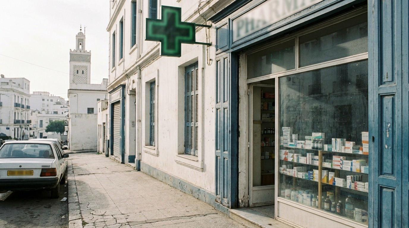 Vitrine d'une pharmacie de quartier en Algérie