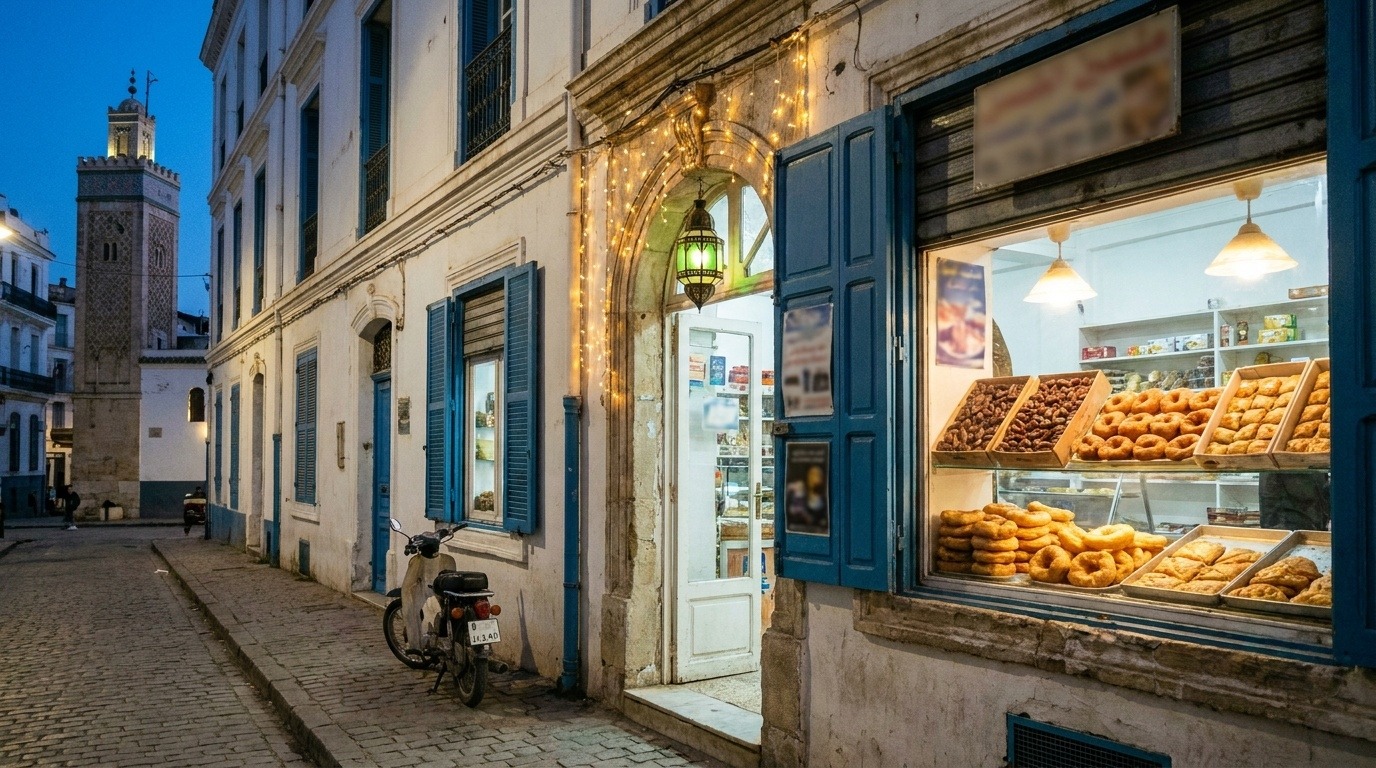 Vitrine de pâtisserie illuminée avant l'Aïd en Algérie