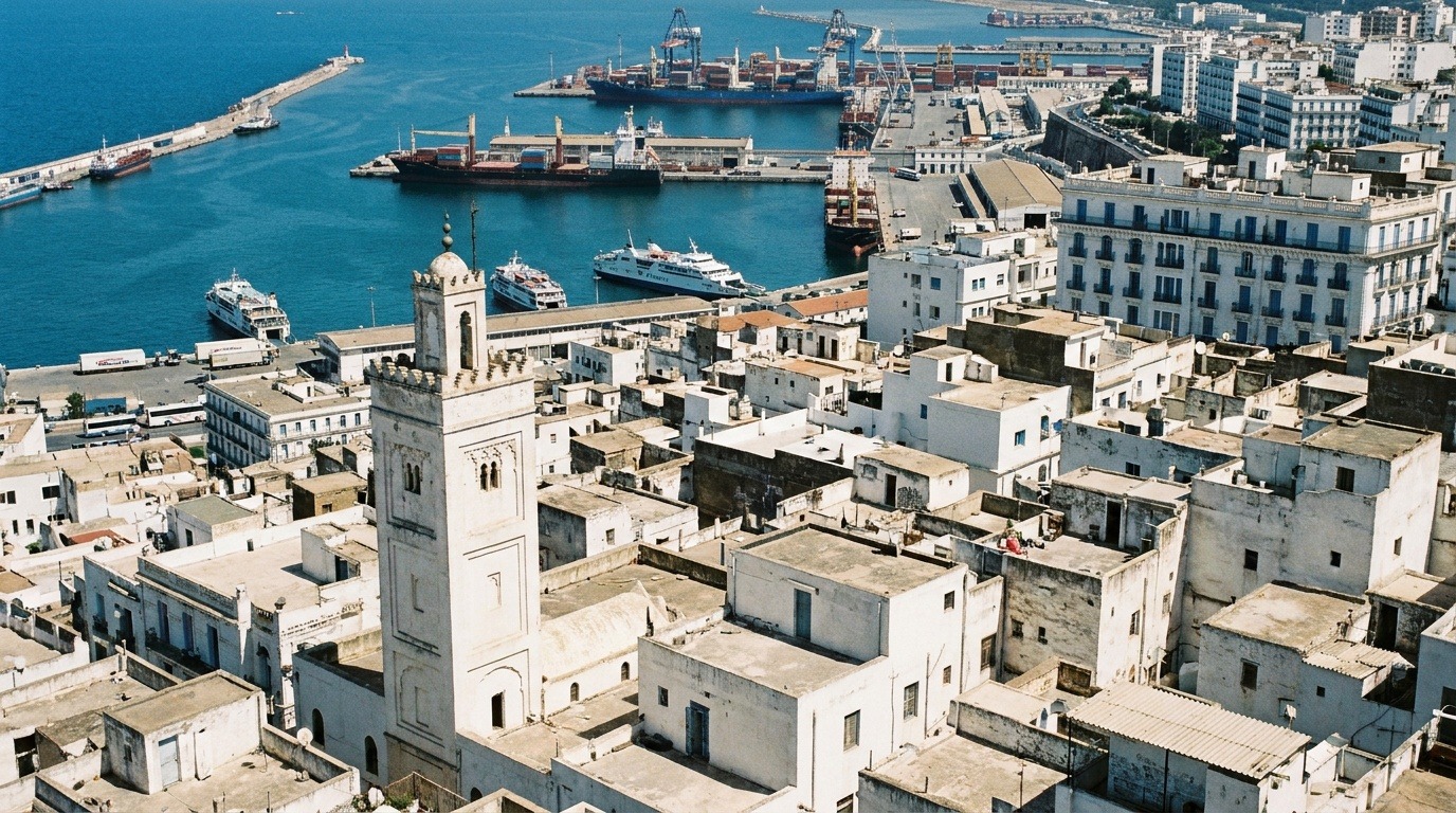 Vue aérienne de la Casbah et du port d'Alger