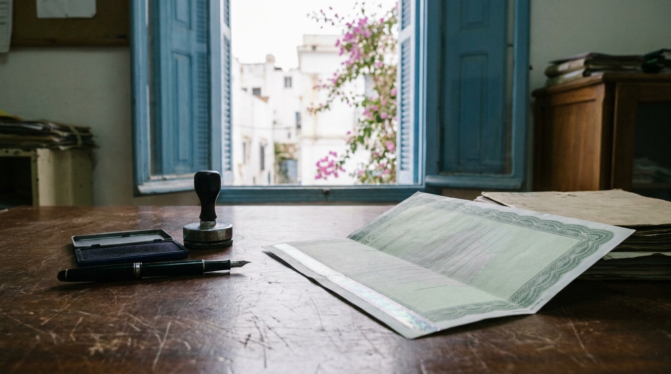Acte de naissance sur papier sécurisé, stylo plume et tampon sur un bureau d'administration algérienne