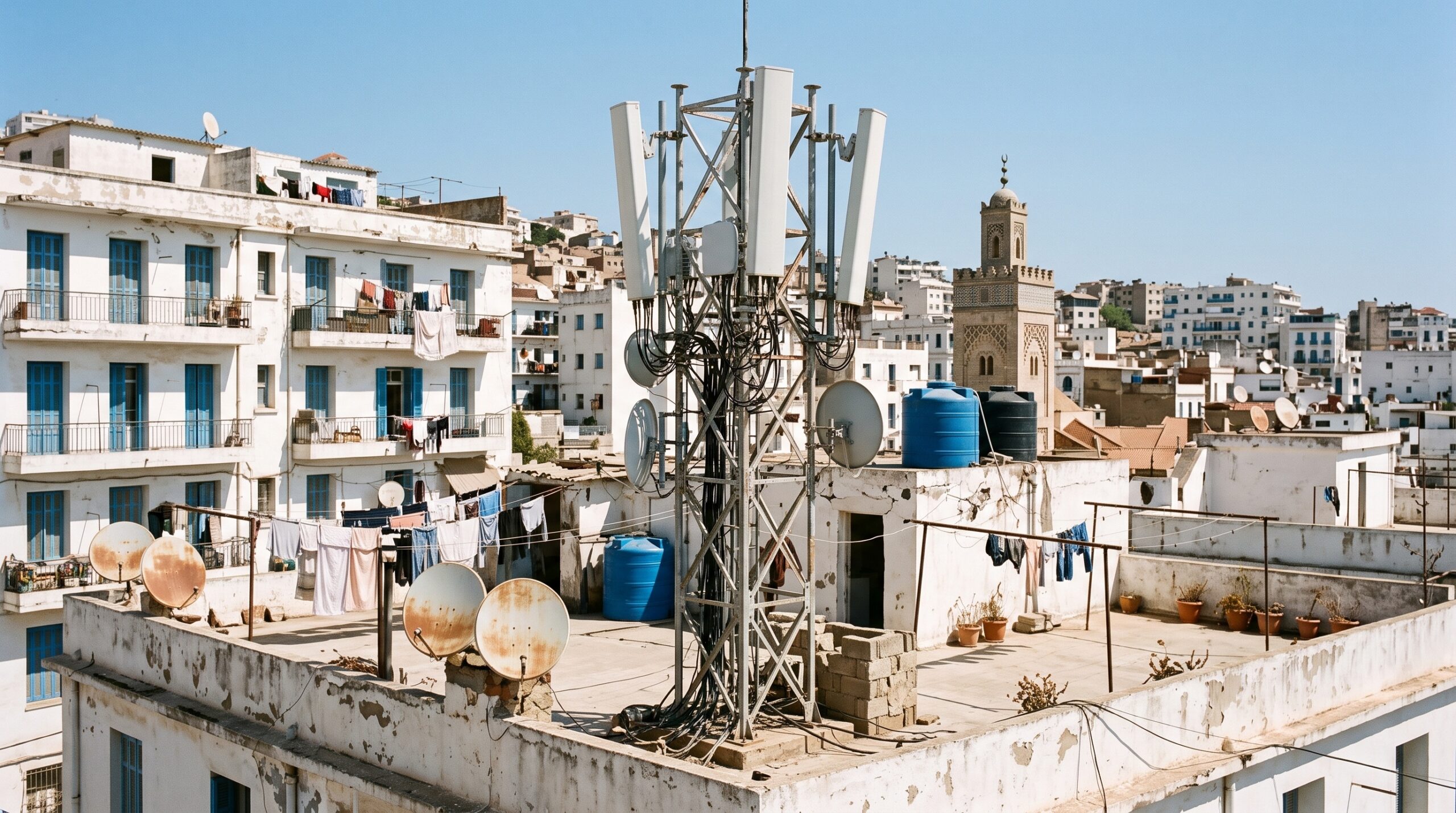 Antenne relais de téléphonie mobile sur le toit d'un immeuble algérien avec paraboles et minaret