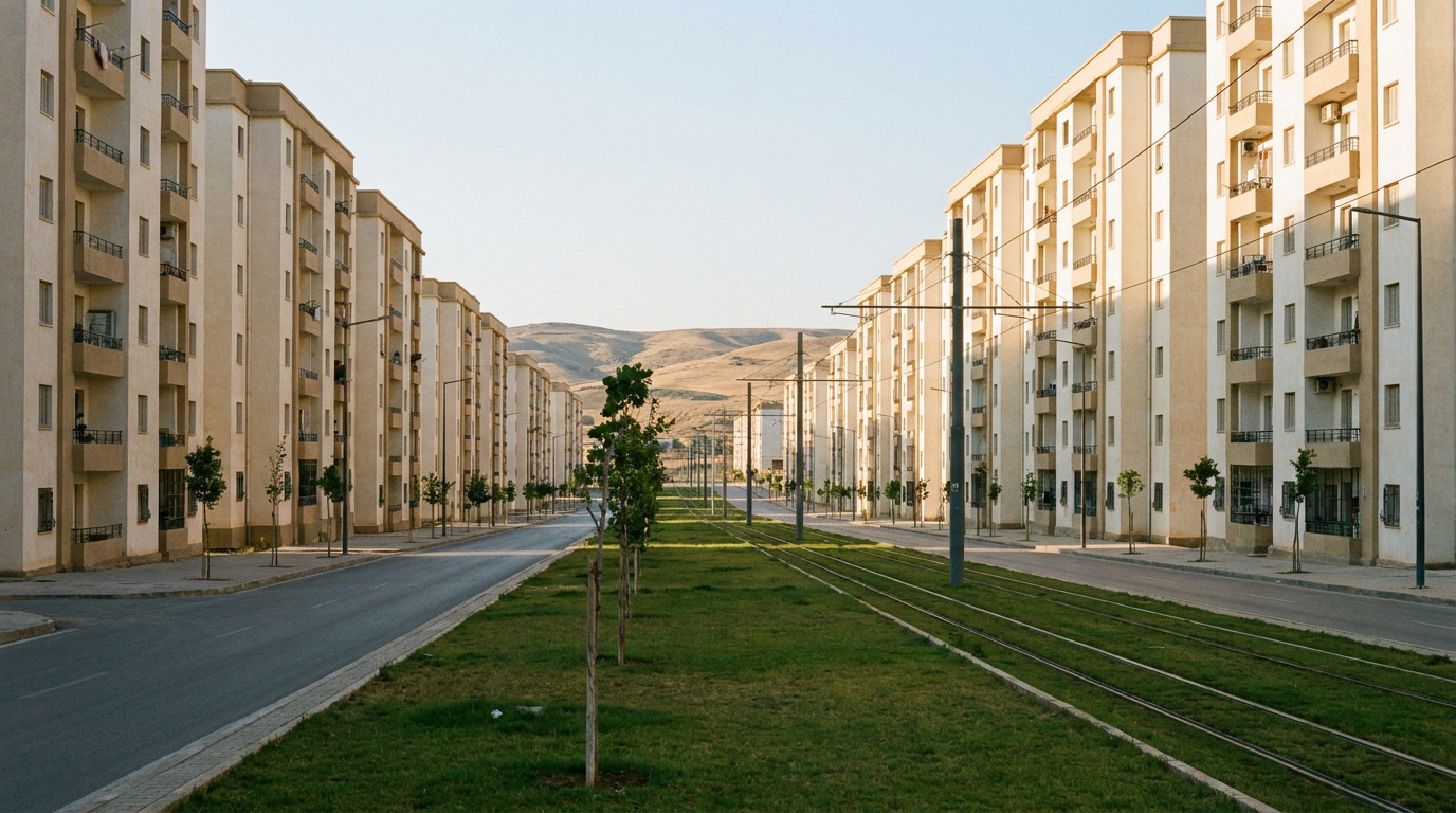 Avenue de la ville nouvelle Ali Mendjeli à Constantine avec immeubles récents et voie de tramway