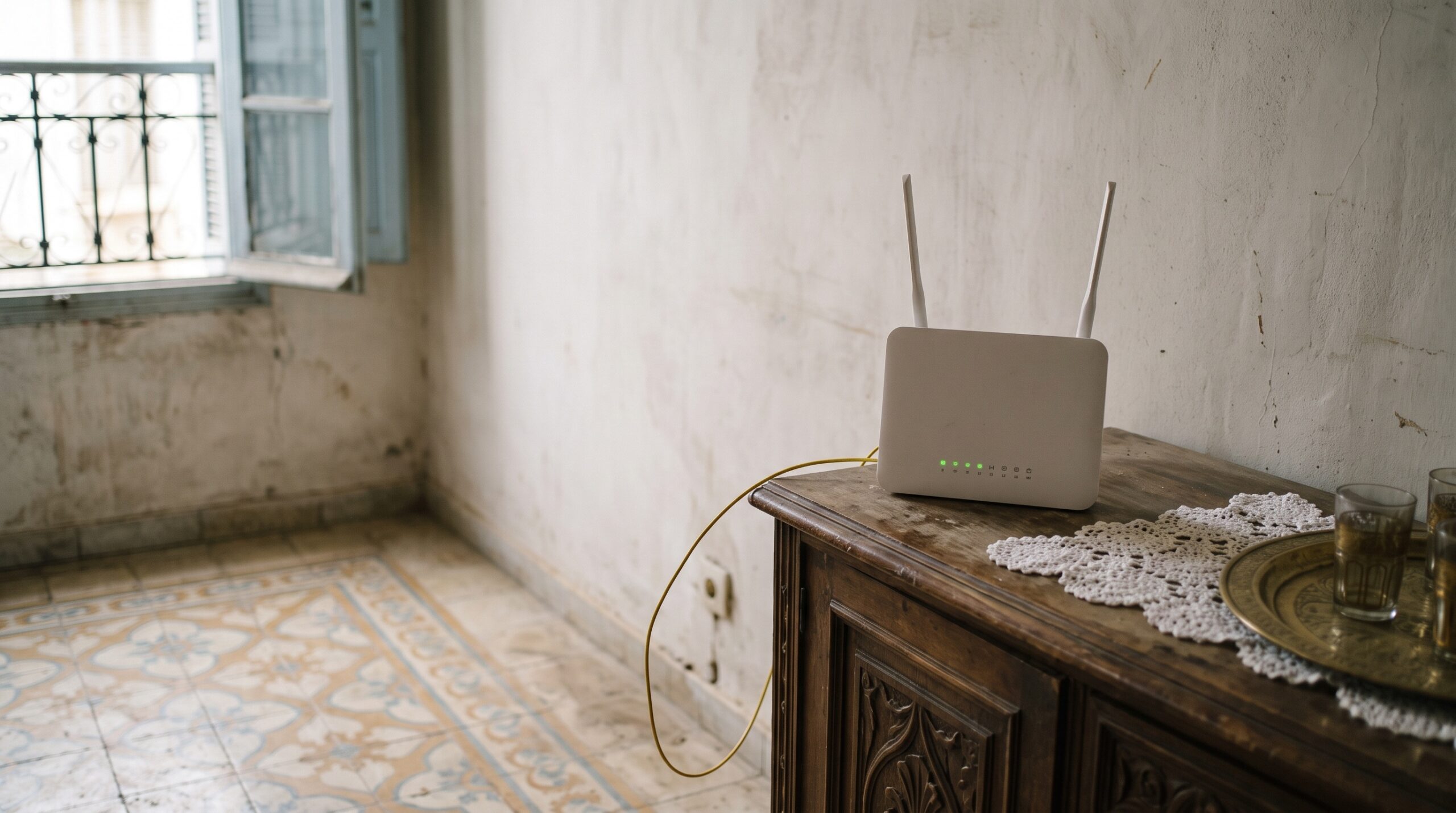 Box internet fibre avec voyants allumés sur un meuble de salon algérien, câble raccordé à la prise murale