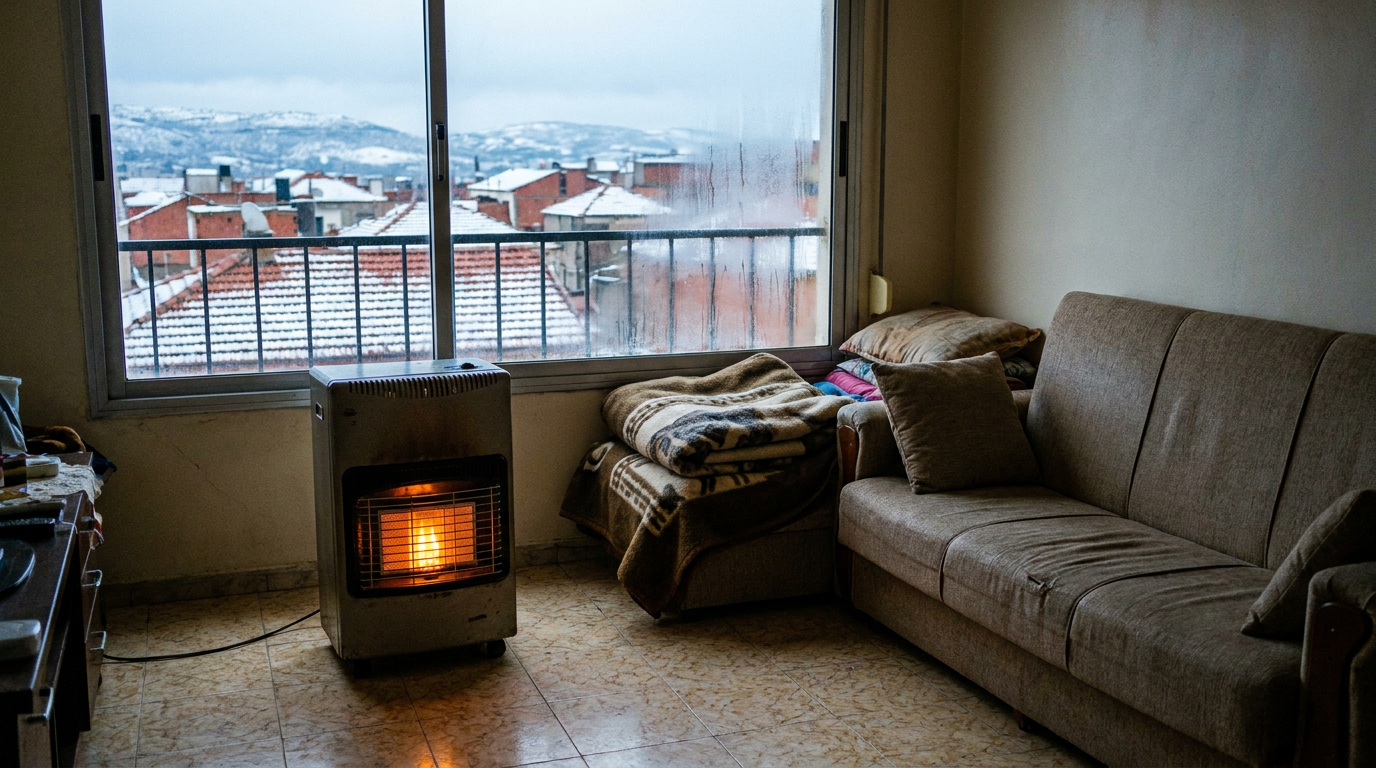 Chauffage à gaz allumé dans un salon algérien en hiver, toits et collines enneigés derrière la fenêtre