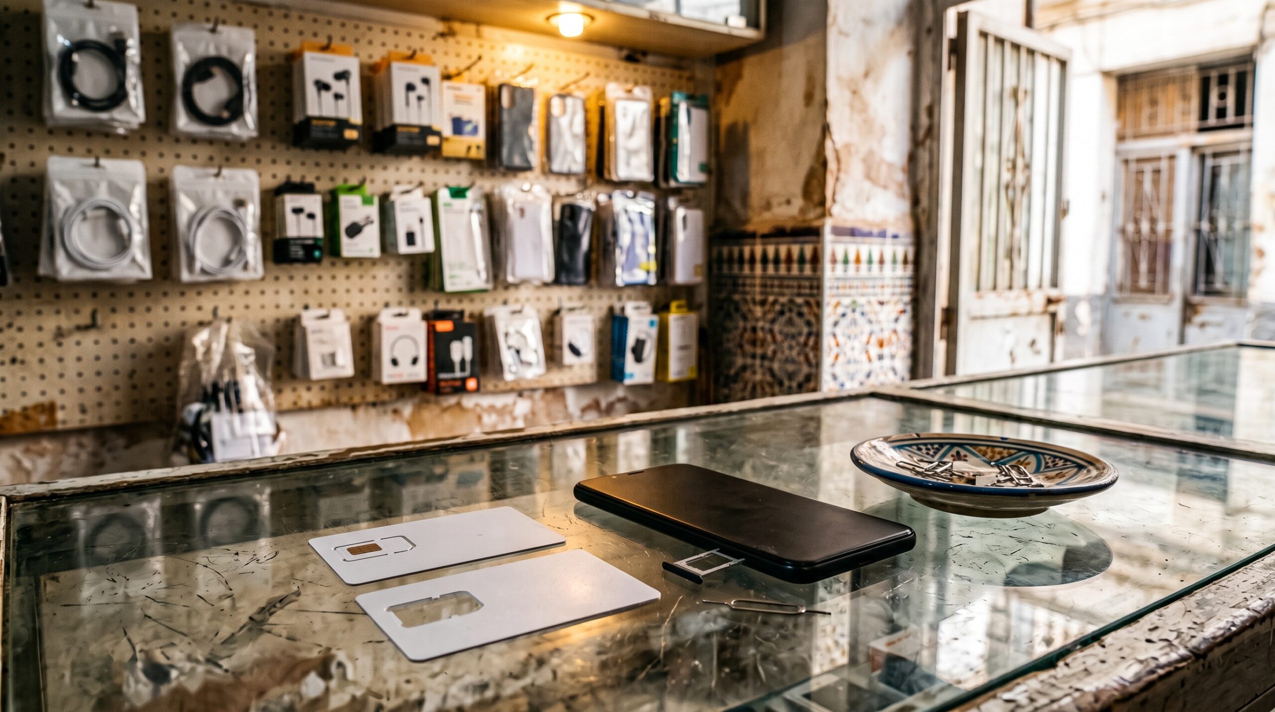 Comptoir d'une boutique de téléphonie avec cartes SIM vierges, smartphone et tiroir SIM ouvert