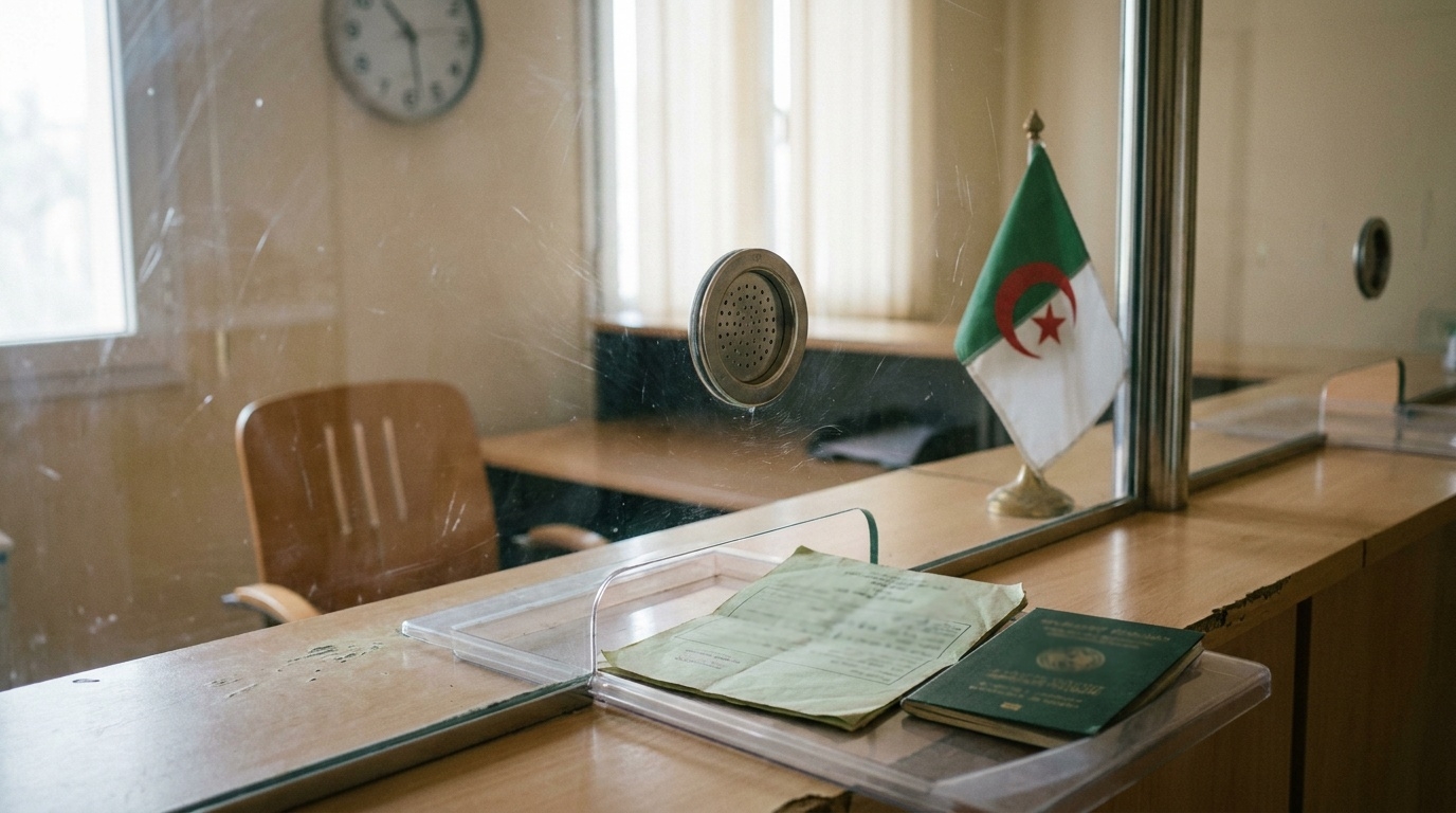Guichet d'état civil d'un consulat d'Algérie avec un acte de naissance et un livret vert dans le bac