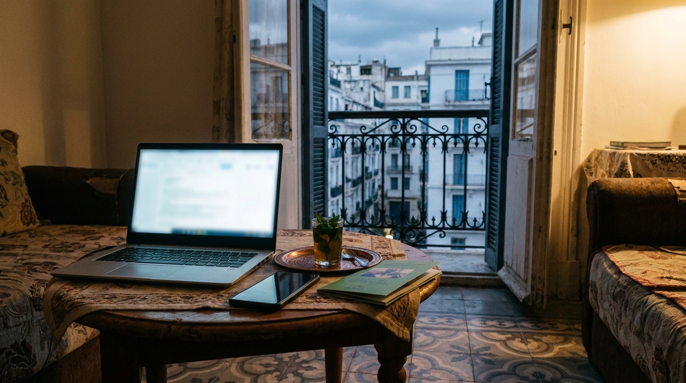 Ordinateur portable, livret de famille et thé à la menthe dans un salon algérien