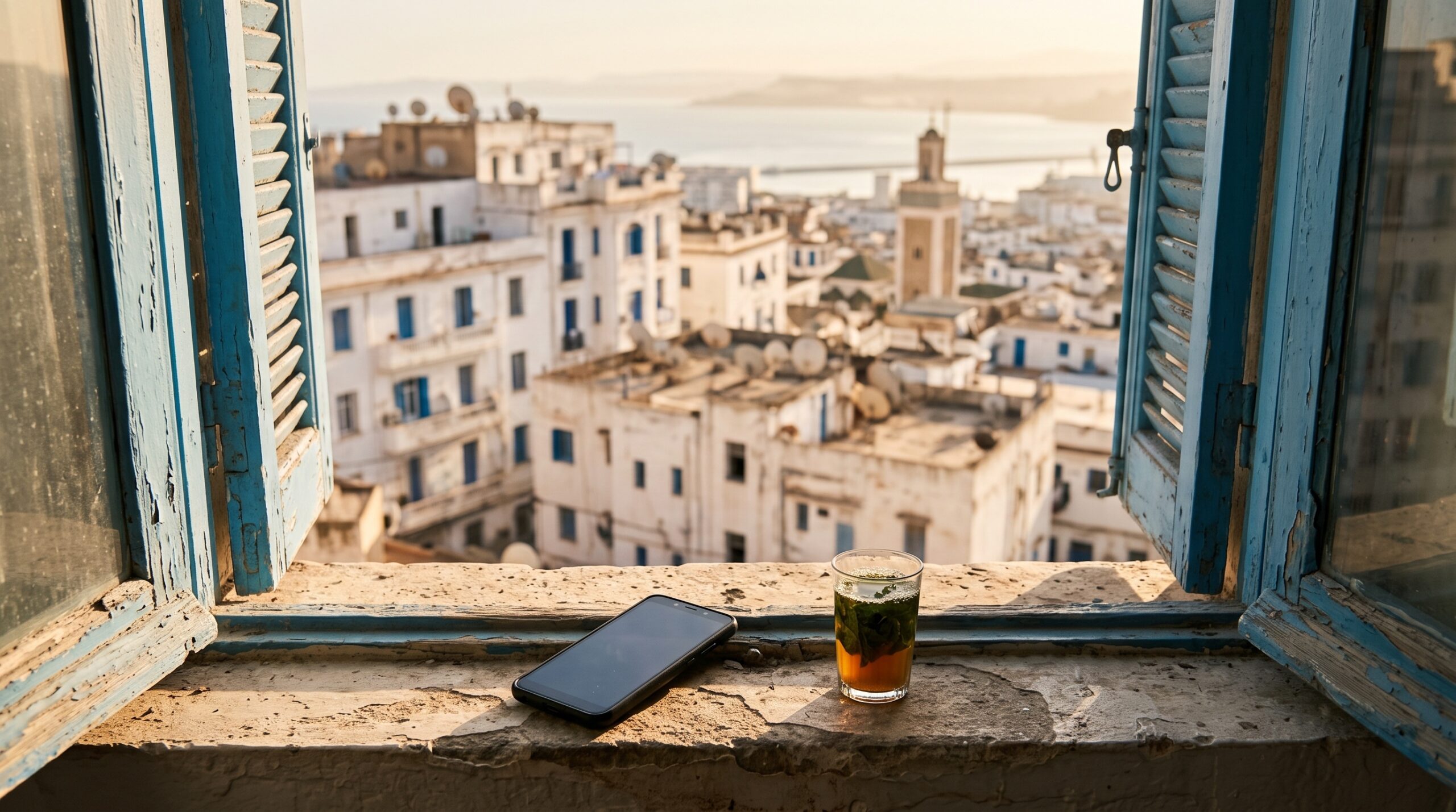 Smartphone posé sur le rebord d'une fenêtre à volets bleus face aux immeubles blancs d'Alger